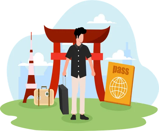 Homem viajando para o portão torii  Ilustração