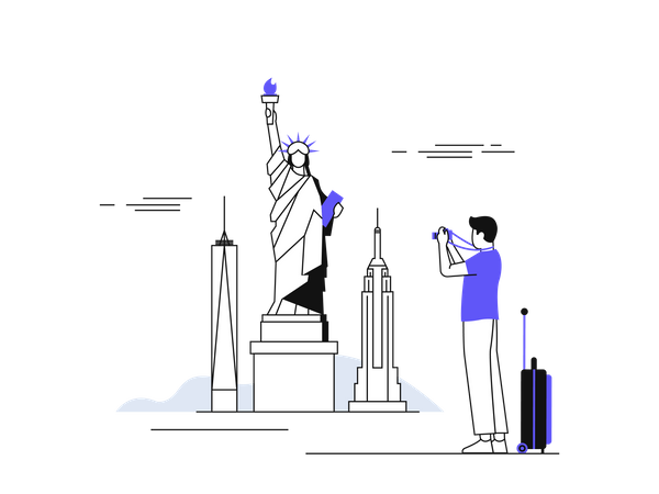 Viajante masculino clicando na foto da estátua da liberdade  Ilustração