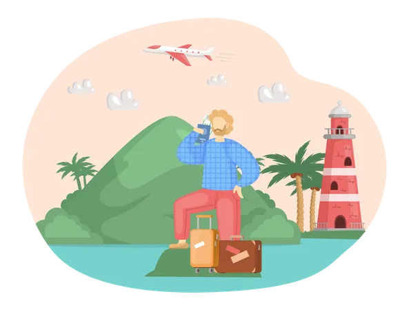 Viajante masculino fica com bagagem ao lado do farol no mar  Ilustração