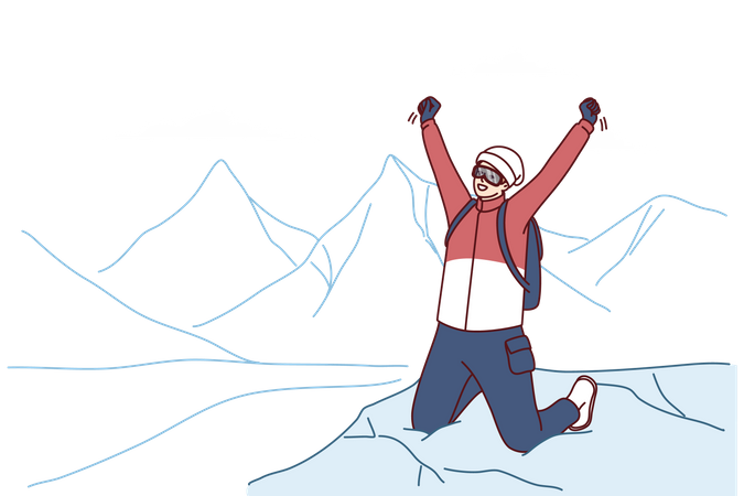 Homem viajante inspirado fica no topo da montanha regozijando-se com a escalada bem-sucedida do pico do Everest  Ilustração