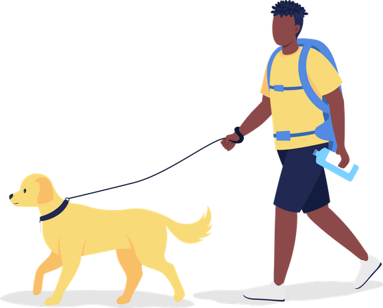 Viajante masculino andando com cachorro  Ilustração