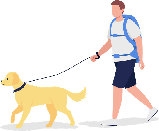 Viajante masculino andando com cachorro  Ilustração