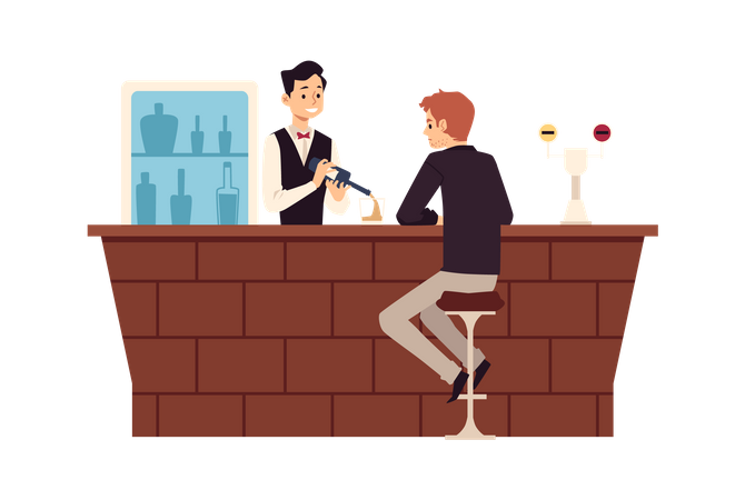 Homem viciado em álcool sentado no bar  Ilustração