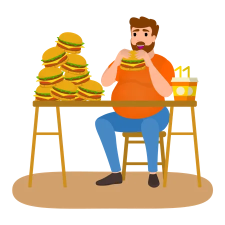 Homem viciado em hambúrguer  Ilustração