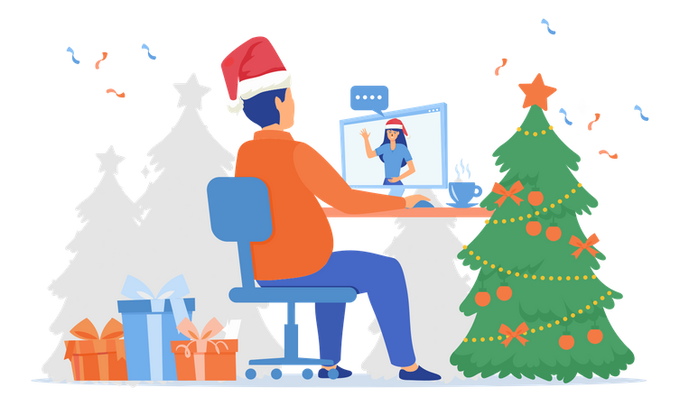 Homem fazendo videochamada para a namorada em um computador em casa no dia de Natal  Ilustração
