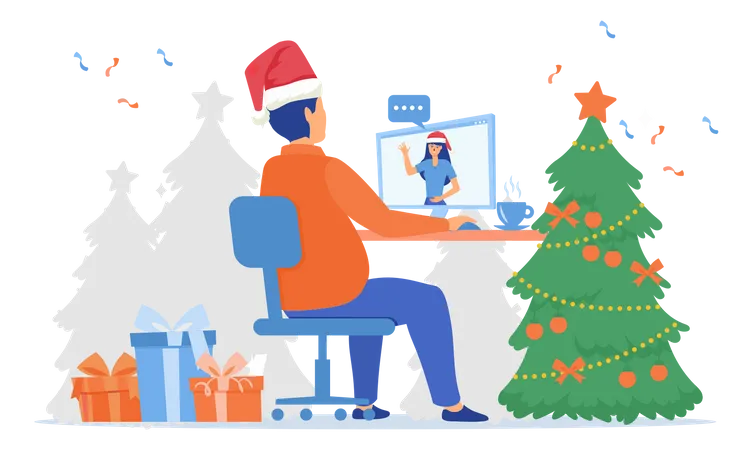 Homem fazendo videochamada para a namorada em um computador em casa no dia de Natal  Ilustração