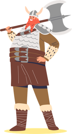 Homem Viking segurando machado e vestindo roupas de proteção  Ilustração
