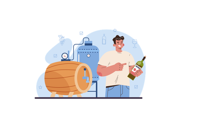 Homem Vinho de uva envelhecendo em barril de madeira  Illustration