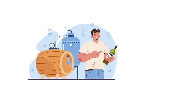 Homem Vinho de uva envelhecendo em barril de madeira  Illustration