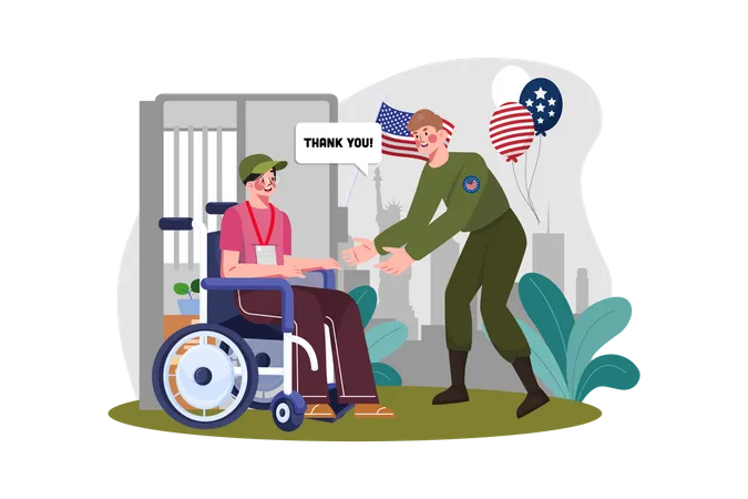 Homem visita um veterano em cadeira de rodas  Ilustração