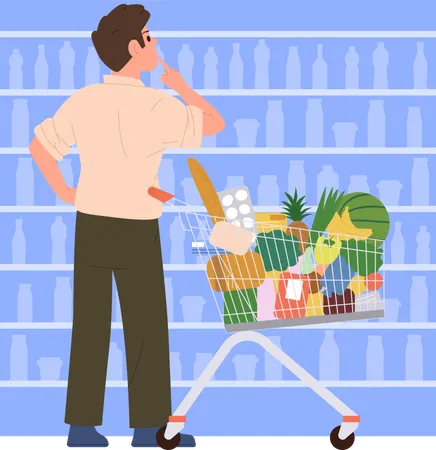 Homem visitando supermercado fazendo compras no departamento de laticínios  Ilustração