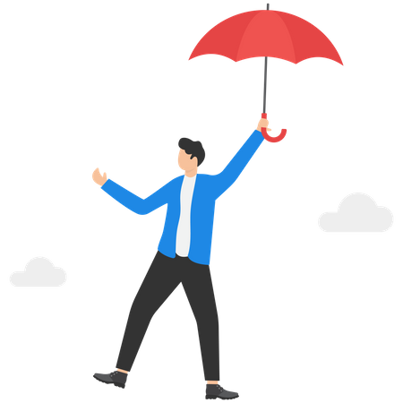 Homem voando no céu acima da cidade com um guarda-chuva vermelho na mão  Ilustração