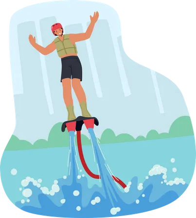 Homem voando em flyboard com propulsão aquática  Ilustração