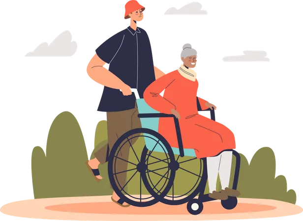 Homem voluntário ajudando senhora idosa em cadeira de rodas  Ilustração
