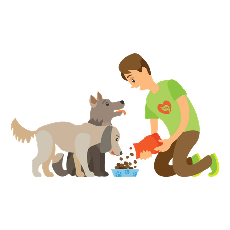 Voluntário masculino dando comida para cães vadios  Ilustração