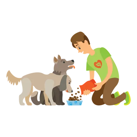 Voluntário masculino dando comida para cães vadios  Ilustração