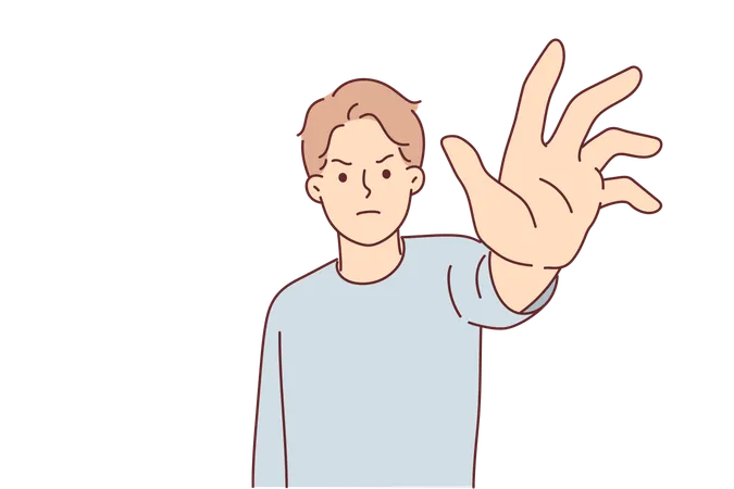 Homem irritado estende a mão para a tela na tentativa de tirar algo ou impedir ações prejudiciais  Ilustração