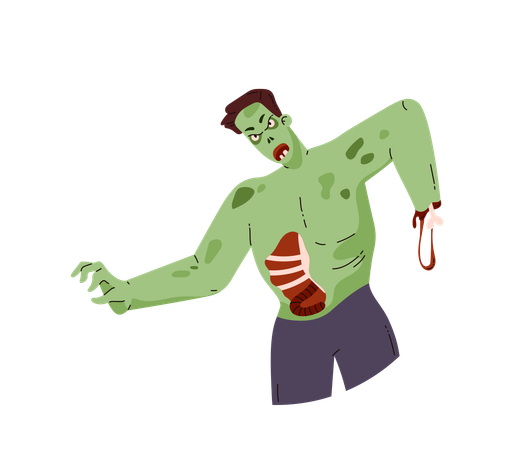 Homem zumbi assustador, cadáver em decomposição, entranhas caindo  Illustration