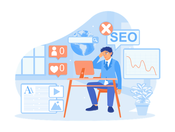 Homens cometendo erros de promoção de blog e produção de conteúdo sem auditoria de conteúdo de SEO.  Ilustração