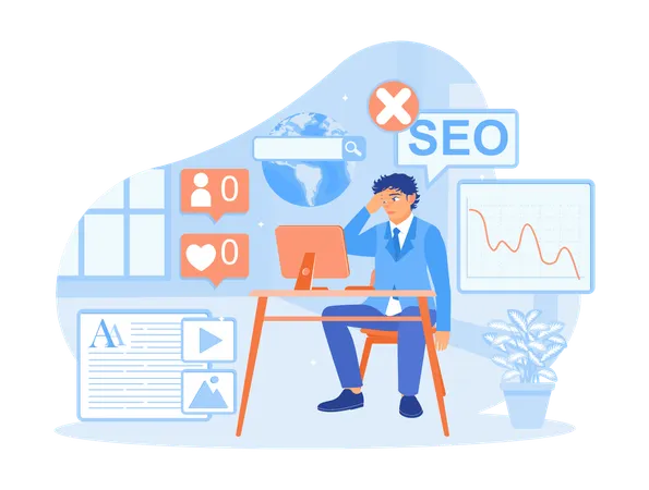 Homens cometendo erros de promoção de blog e produção de conteúdo sem auditoria de conteúdo de SEO.  Ilustração