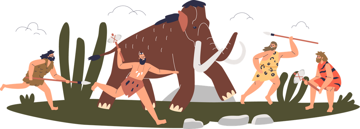 Caçadores de homens das cavernas com lanças e machados caçando mamutes  Ilustração