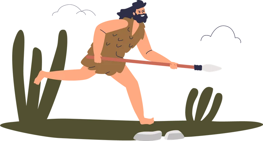 Homens das cavernas com caça com lança  Ilustração