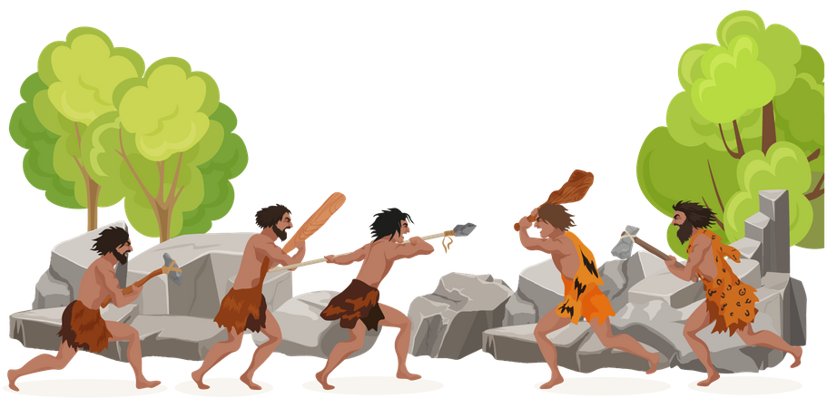 Homens das cavernas com caça com lança  Ilustração