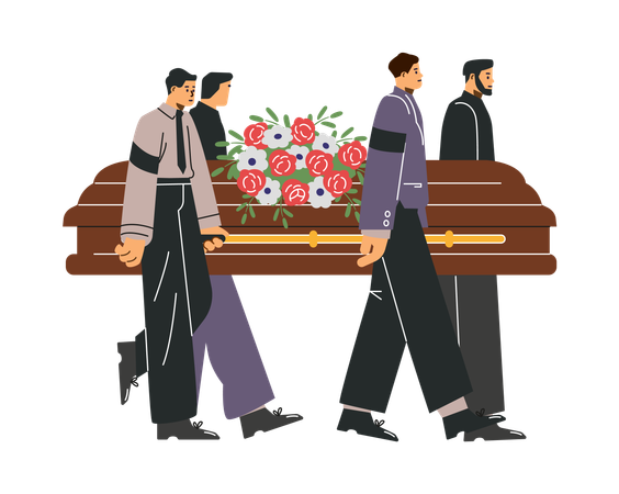 Homens do serviço ritual carregam caixão com coroa de flores  Ilustração