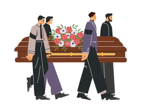 Homens do serviço ritual carregam caixão com coroa de flores  Ilustração