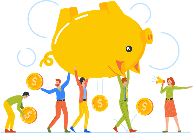Homens e mulheres carregam um enorme cofrinho com moedas caindo  Ilustração