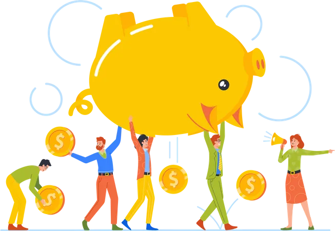 Homens e mulheres carregam um enorme cofrinho com moedas caindo  Ilustração