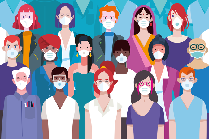 Homens e mulheres de diferentes raças com máscaras faciais médicas protetoras  Ilustração