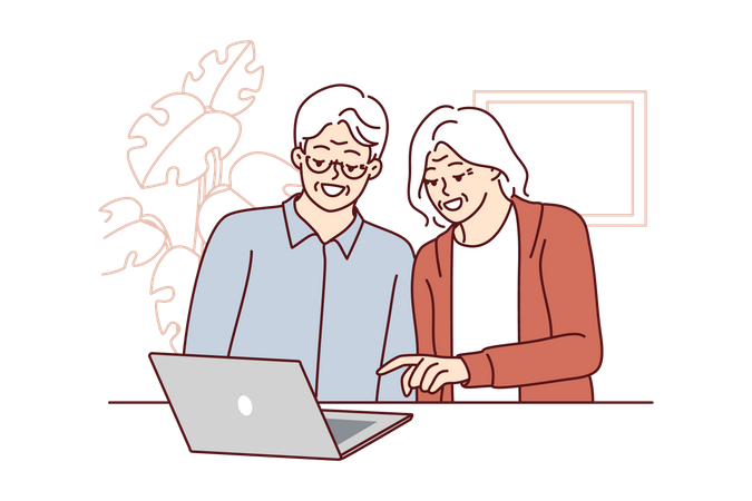 Homens e mulheres idosos estão sentados à mesa com laptop aprendendo a lidar com a tecnologia moderna  Ilustração