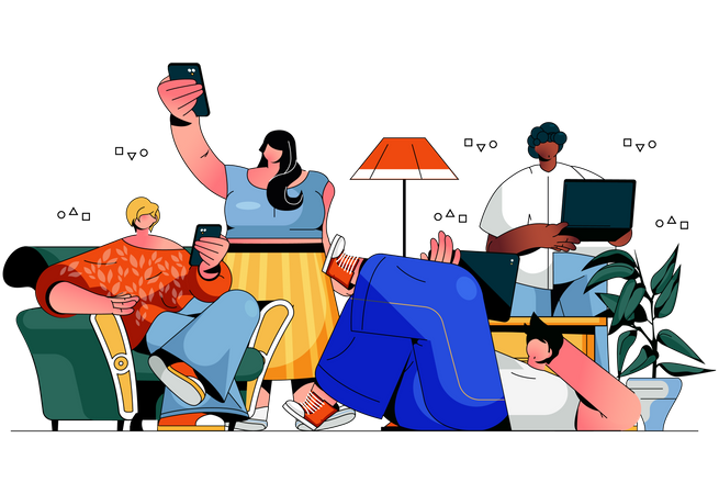 Homens e mulheres usando dispositivos inteligentes  Ilustração