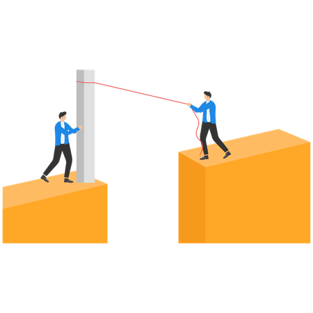 Homens em ternos de negócios à beira do abismo e uma coluna vermelha do gráfico como uma ponte  Ilustração