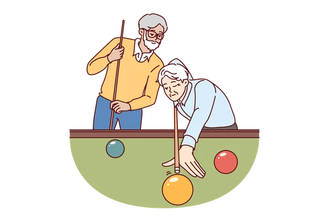Homens idosos jogam bilhar enquanto desfrutam de seu hobby favorito que permite passar tempo com os amigos  Ilustração