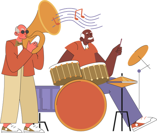 Homens mais velhos tocando instrumento musical na banda  Ilustração