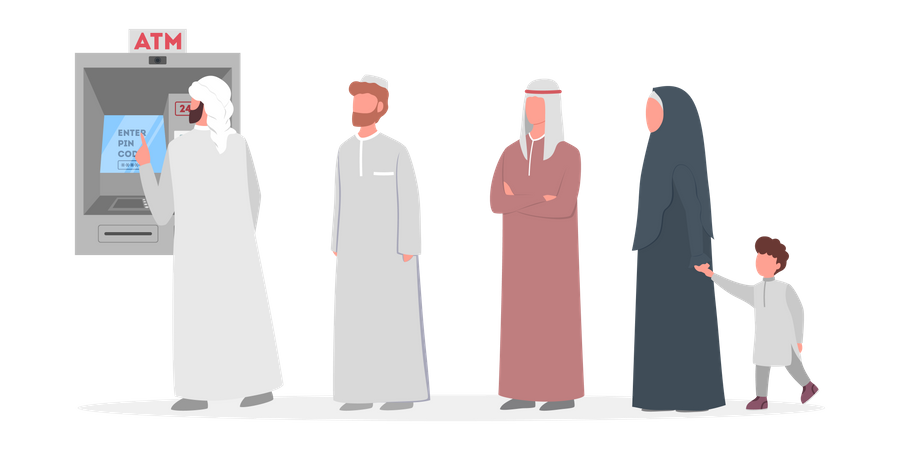 Povos muçulmanos na fila do caixa eletrônico  Ilustração