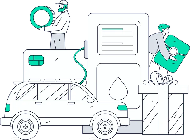 Homens pagando contas de combustível em posto de gasolina  Ilustração