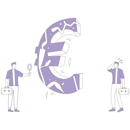 Homens perto de sinal de euro quebrado  Ilustração