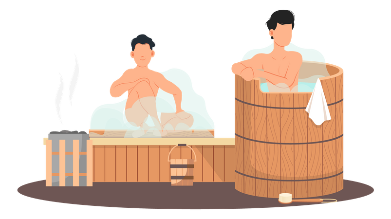 Homens relaxando na sauna  Ilustração