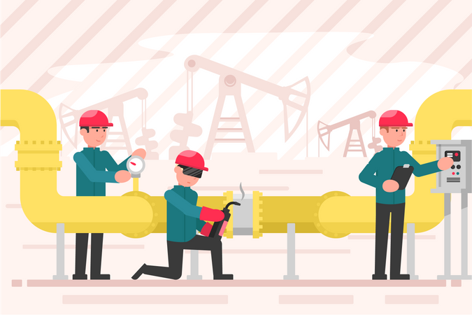 Homens reparando oleodutos na indústria  Ilustração