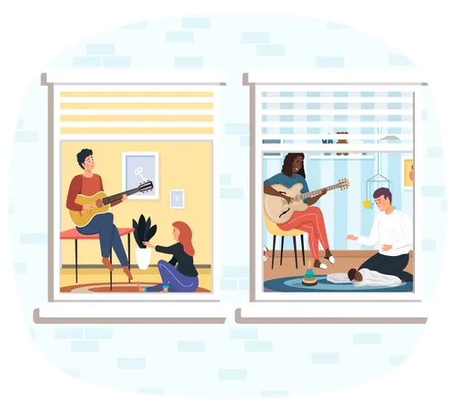 Homens tocando violão em casa  Ilustração