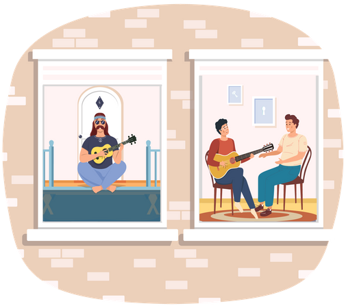 Homens tocando violão em casa  Ilustração