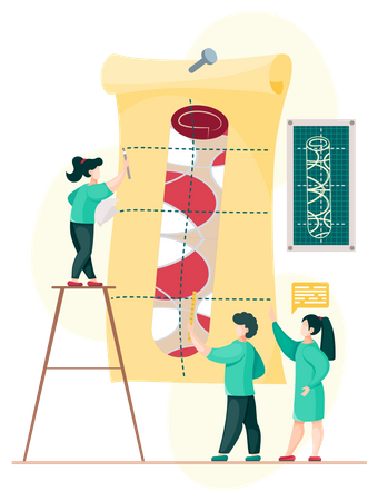 Homens trabalhando em designs de carpetes  Ilustração