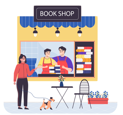 Homens vendem livros em livraria  Ilustração