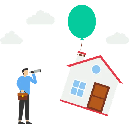 Homeowner With Telescope At Home Flying On Balloon House Mortgage Rate Hike Real Estate Price Bubble Or Housing Investment Opportunity Concept Home Loan Impact From Inflation Illustration