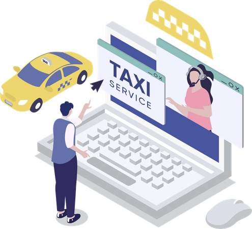Un homme a besoin de l'aide du service client pour réserver un taxi  Illustration