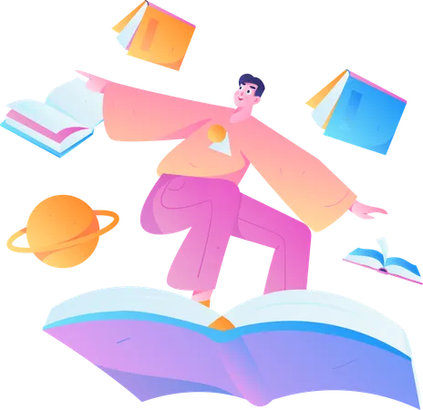 Homme chevauchant un livre  Illustration