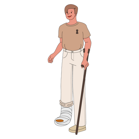 Homme avec une jambe cassée marchant avec des béquilles  Illustration